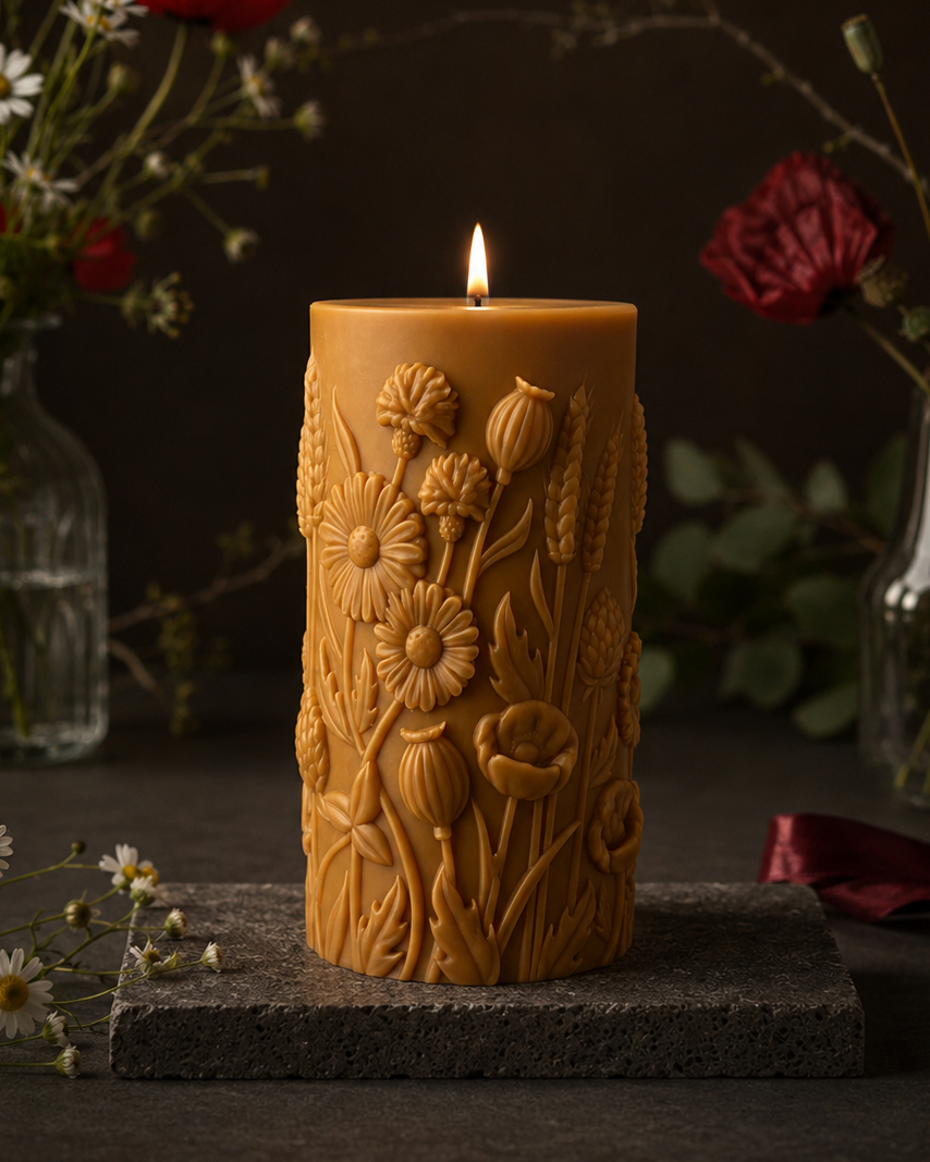 Wildflower silicone pillar candle mold – hand holding botanical candle with poppies and meadow blooms | Muse Molds