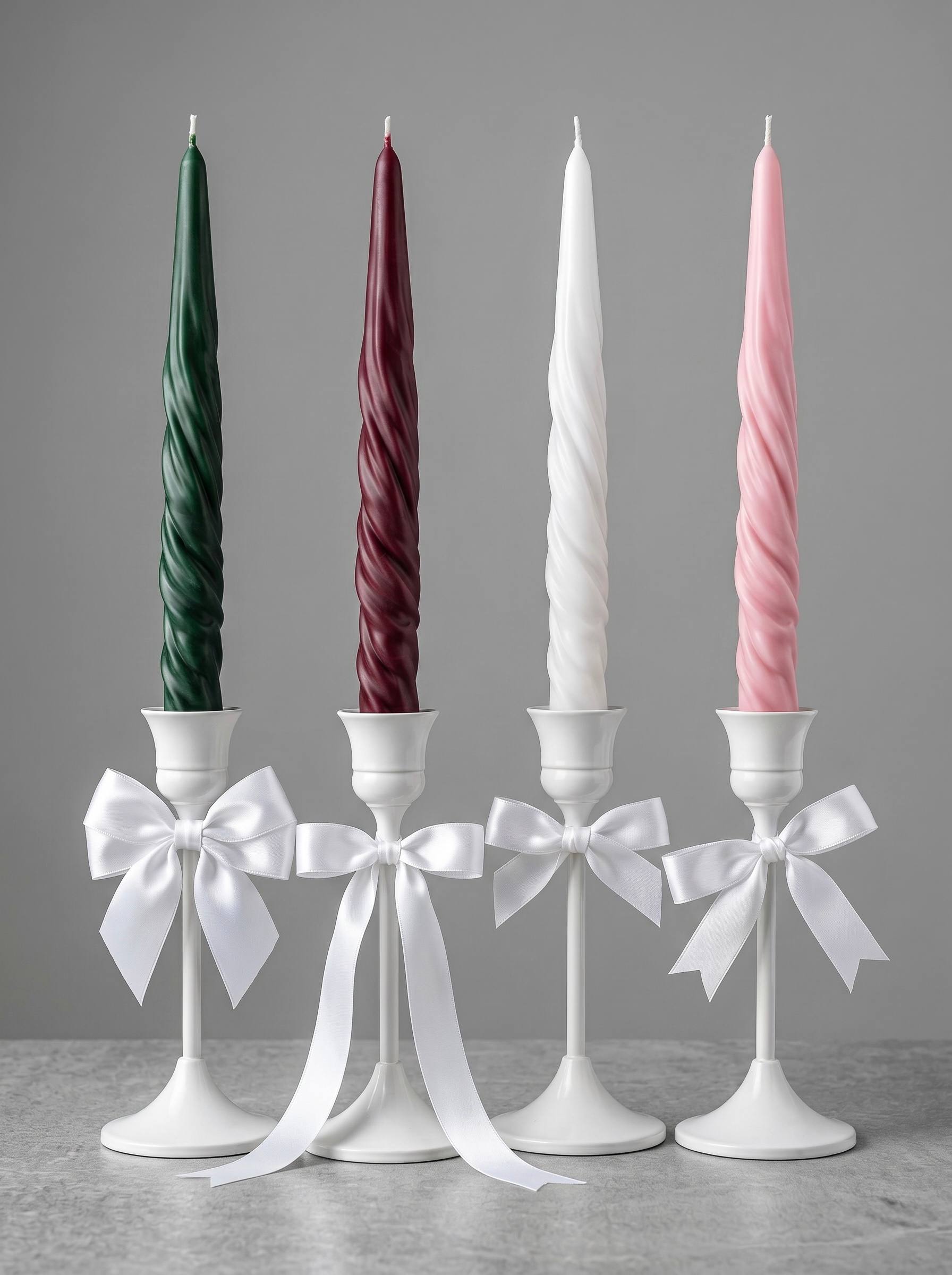 Silicone taper candle mold results — four draped spiral taper candles in dark green, burgundy, white, and pink in white candlestick holders with satin bows on gray background