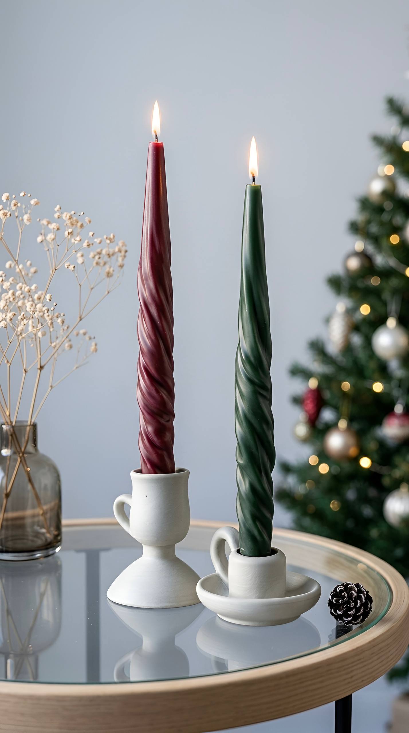 Burgundy and dark green spiral taper candles made with USA silicone mold burning in white ceramic holders on glass table with Christmas tree in background